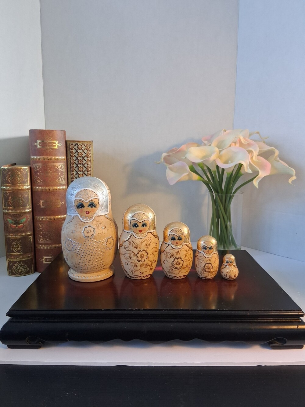 VTG Russian 5PC Matryoshka Dolls - Pyrography Nesting Folk Art Set